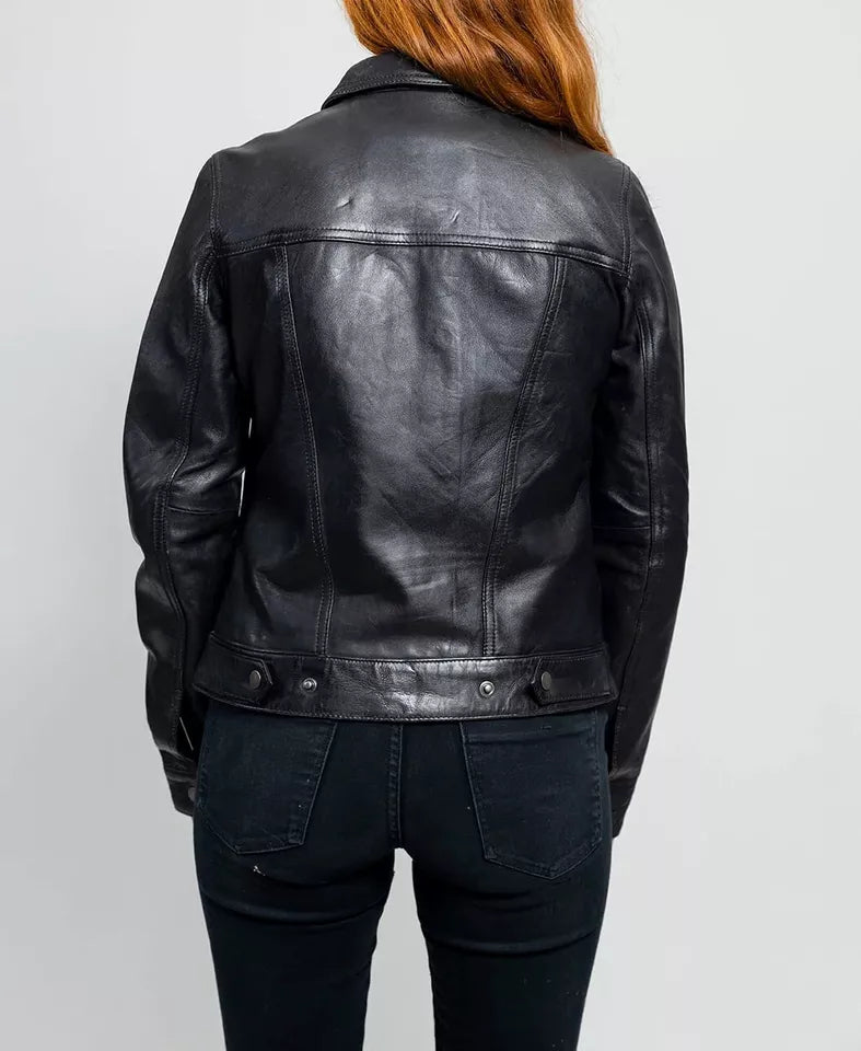 Women's Real Lamb Leather Classical Trucker Jacket