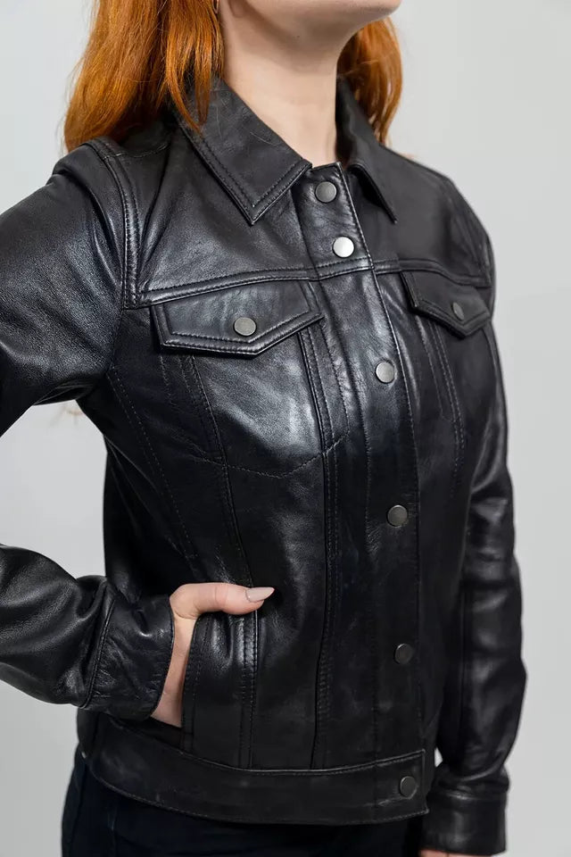 Women's Real Lamb Leather Classical Trucker Jacket