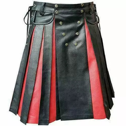 Men's Real Cowhide Leather Utility Kilt Side Laces & Pockets