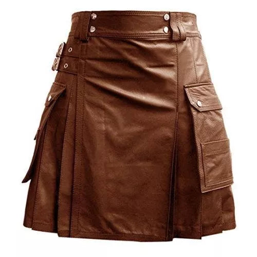 Men's Vintage Leather Pleated Utility Kilt with Cargo Pockets