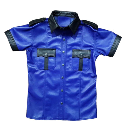 Men's Real Lamb Leather Police Style Shirt Short Sleeves Blue & Black Leather Shirt