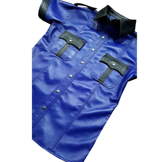 Men's Real Lamb Leather Police Style Shirt Short Sleeves Blue & Black Leather Shirt
