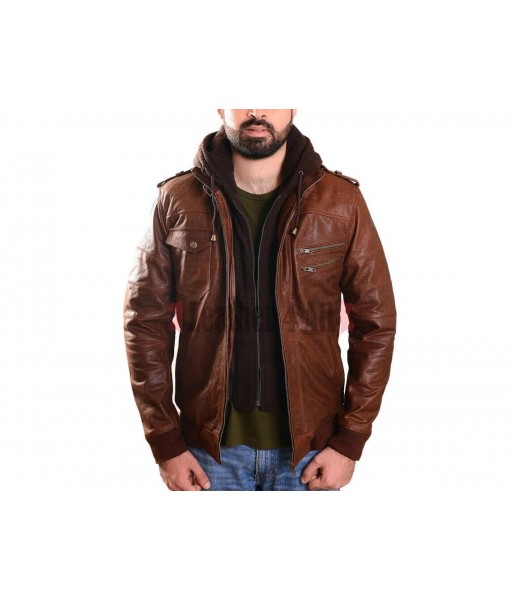 Men's Real Vintage Leather Bomber Detachable Hood Jacket / Vintage Bomber Jacket