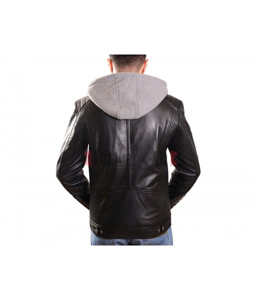 Men's Real Lamb Leather Quilted Cafe Racer Jacket Waxed & Detachable Hood Jacket