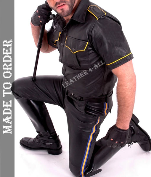Men's Genuine Cow Leather Police Uniform BLUF Police Costume Shirt, Pants, Suspender, Wrist Bands and Tie Complete Set in Yellow Trims Color
