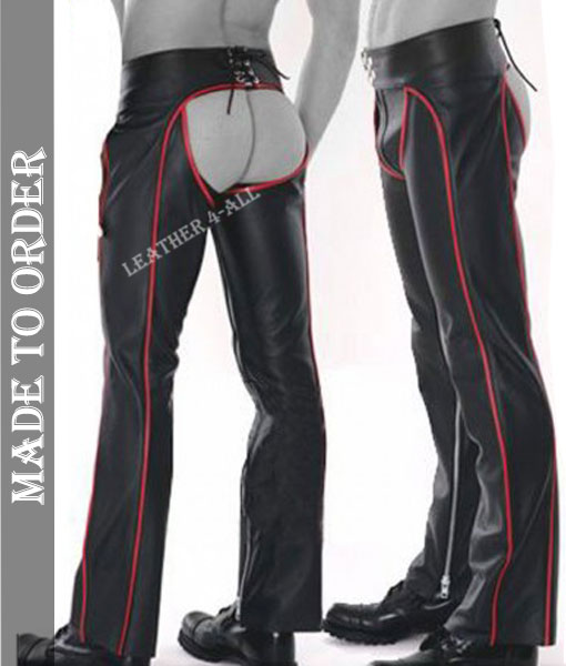 Men's Real Soft Cowhide Leather Motor Bikers Leather Chaps With Red Piping