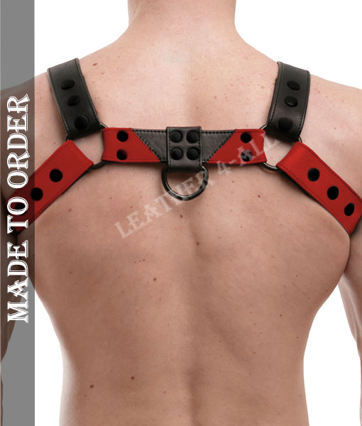 Men Leather Chest Harness And Jockstrap Set Adjustable Strap With Free Wristbands In Red And Black Color