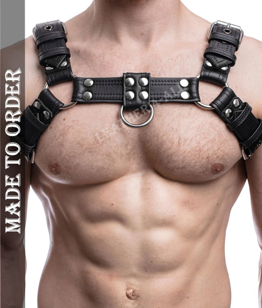 Men Leather Chest Harness And Jockstrap Set Adjustable Strap With Free Wristbands In Plain Black Color with Silver Studs