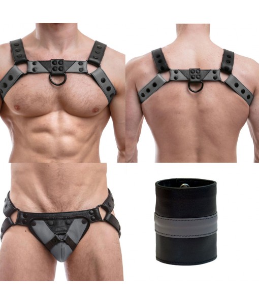 Men Leather Chest Harness And Jockstrap Set Adjustable Strap With Free Wristbands In Grey And Black Color