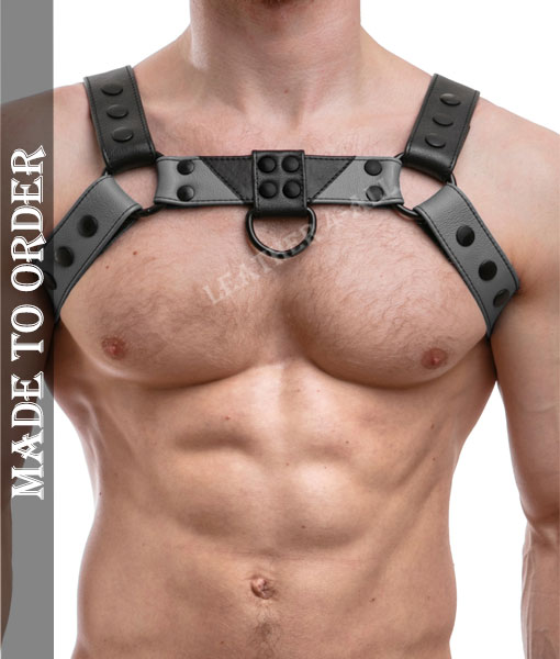 Men Leather Chest Harness And Jockstrap Set Adjustable Strap With Free Wristbands In Grey And Black Color