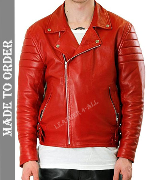 Men's Real Natural Grain Cowhide Leather Motor Bikers Jacket With Quilted Panels BLUF in Red Color