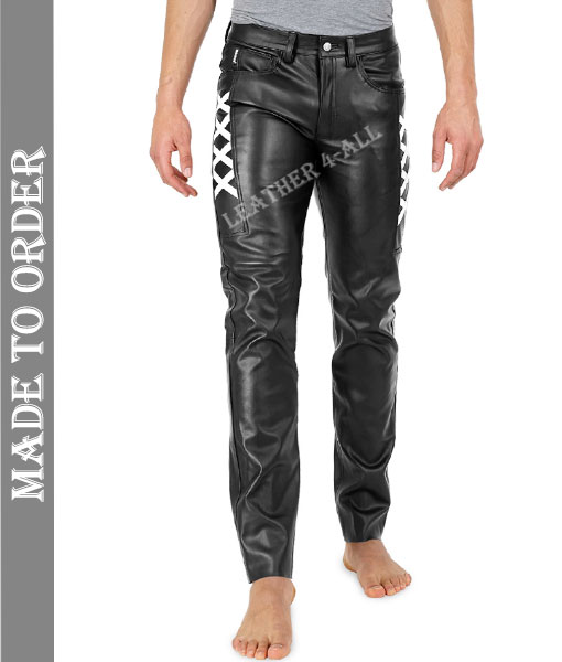 Men's Real Cowhide Leather Bikers Unique Style Leather Pants