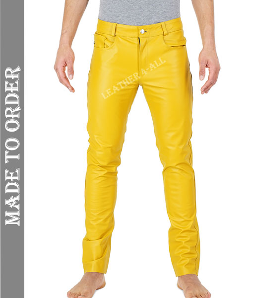 Men's Real Cowhide Blue Leather 5 Pockets Style Pants / Trousers Motor Bikers Pants In Yellow Color