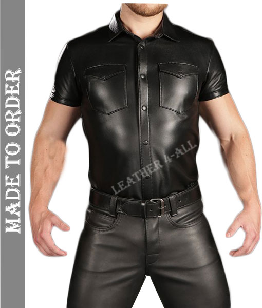 Men's Real Cowhide Natural Grains Leather Police Uniform Short Sleeves Shirt