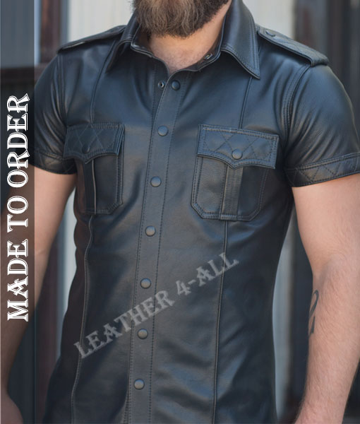 Men's Genuine Cowhide Natural Grain Leather Police Uniform Sexy Short Sleeves Padded Leather Shirt