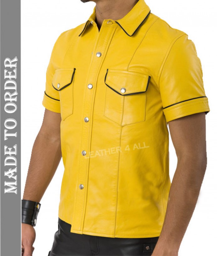 Men's Real Cowhide Leather Police Uniform Short Sleeve Shirt IN 3 COLORS Piping
