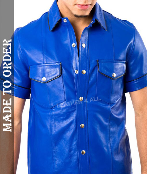 Men's Real Cowhide Thin And Soft Short Sleeves Blue Leather Shirt With Black Piping + Free Wrist Band