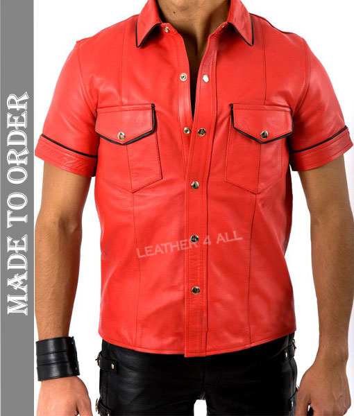 Men's Real Cowhide Thin And Soft Short Sleeves Red Leather Shirt With Black Piping + Free Wrist Band