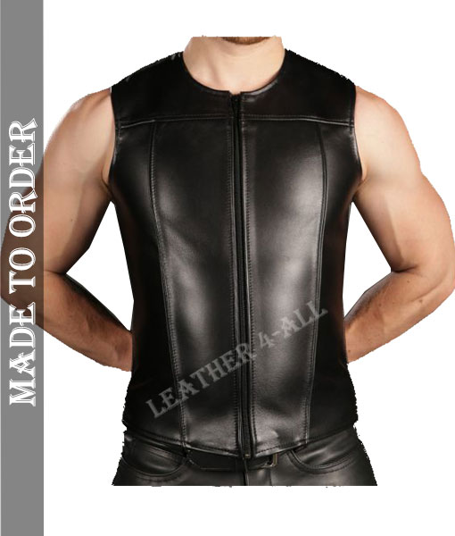 Men's Genuine Lamb Leather Bikers Vest Round Neck Zip Up Front Vest