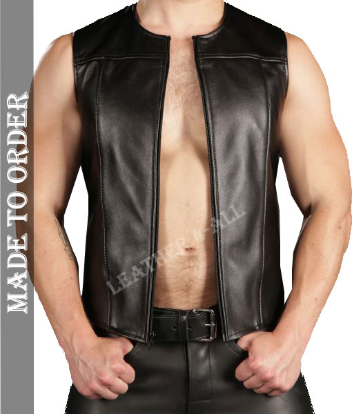 Men's Genuine Lamb Leather Bikers Vest Round Neck Zip Up Front Vest