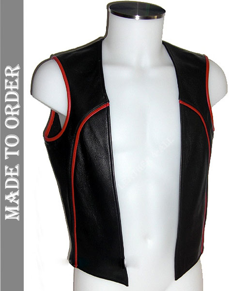 Men's Real Cow Natural Grain Leather Contrast Piping Bikers Vest