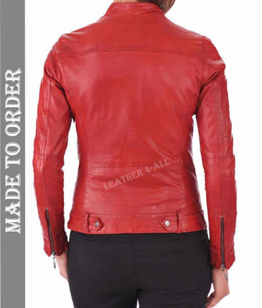 Women's Genuine Lamb Nappa Leather Quilted Panels Biker's Jacket In Red Color
