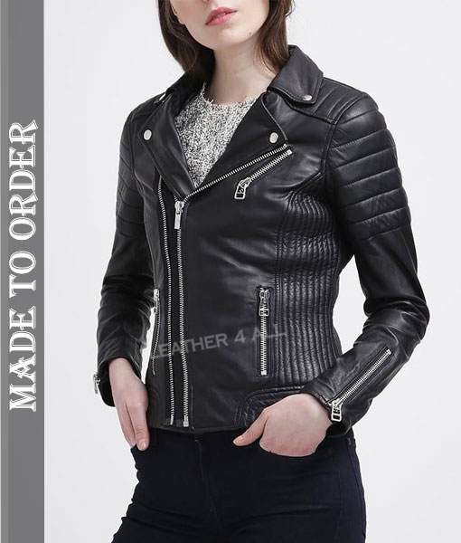 Women's Real Lamb Leather Bikers Jacket Quilted Panels Bikers Leather Jacket