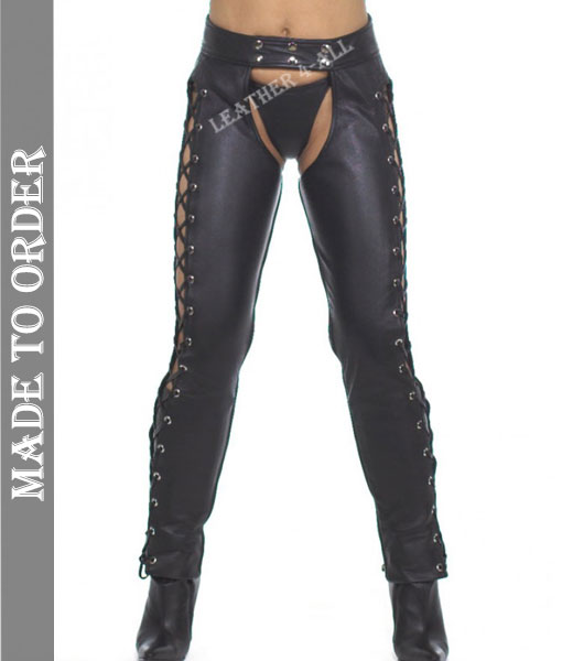 Women's Real Cowhide Soft Leather Chaps Side Laces Up Leather Chaps